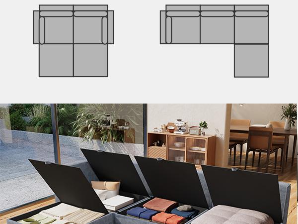 128" 6 Seat Modular Sectional Sofa with Storage, Sturdy Solid Wood Structure, Modular Sectional Sofa Cloud Couch Washable, Spacious Couches for Living Room, Apartment, Loft, Dark Blue