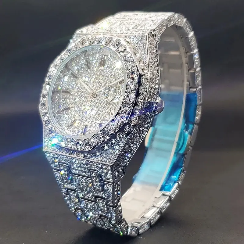 Men's Silver Iced Out Watch - Full Crystal Paved Octagonal Quartz Watch with Date Display - Bling Hip Hop Fashion Accessory for Party & Streetwear