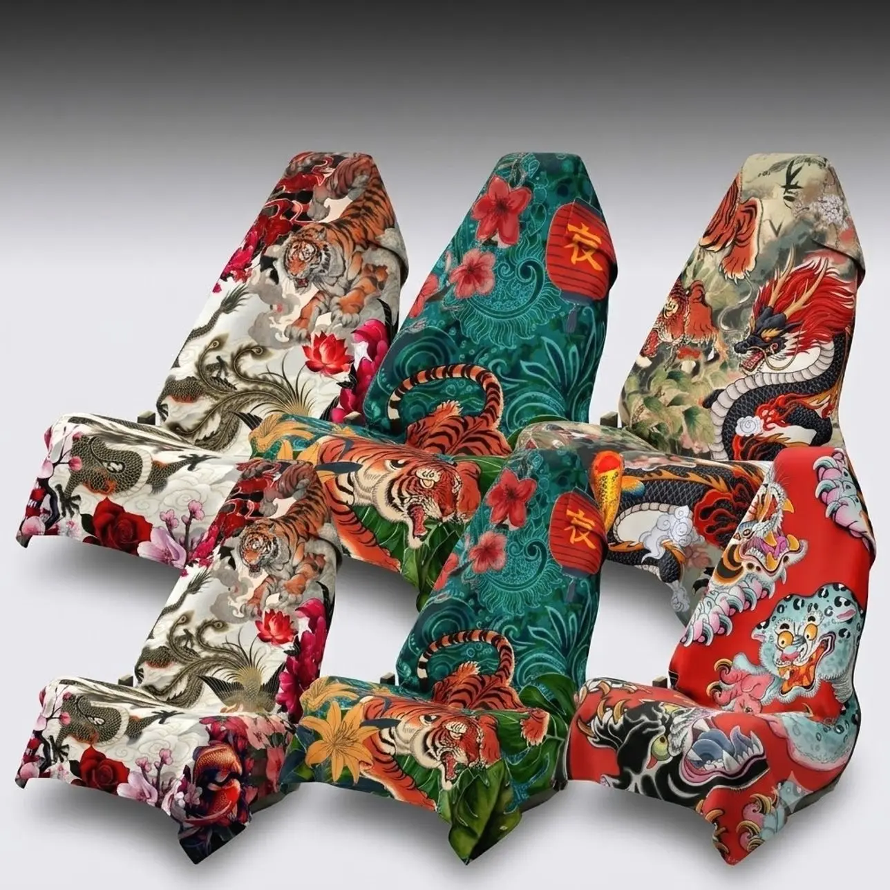 Japanese Dragon Tiger Koi Fish Car Seat Cover, Universal Fit Auto Seat Protector, JDM Car Interior Accessories, Unique Tattoo Style Vehicle Decor Gift