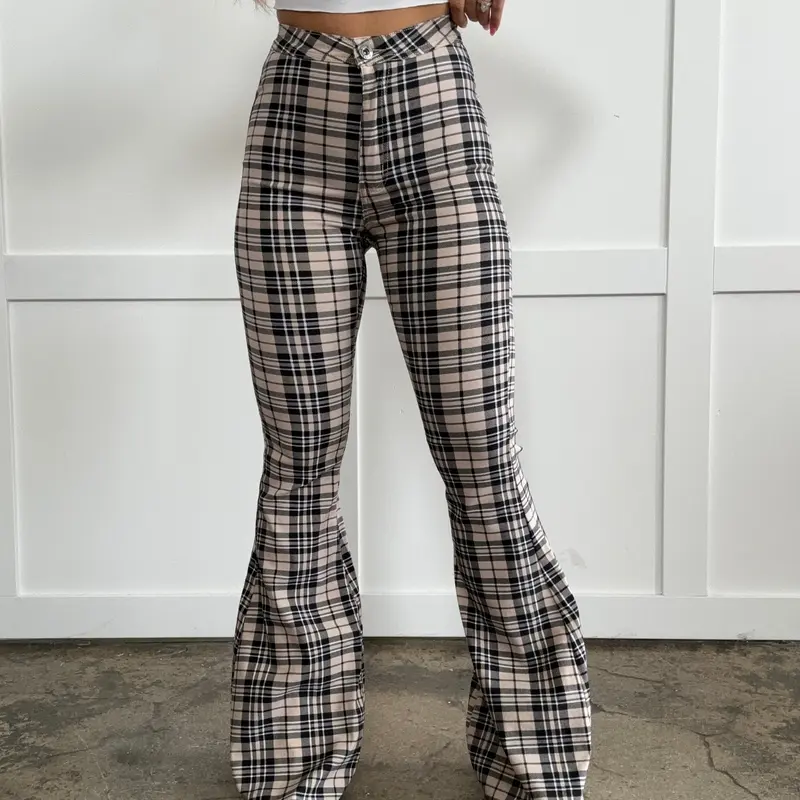 Women's Gretchen Fiona High-Waisted Gretchen Plaid Denim Flare Jeans - Stretchy Spandex Fabric, Casual Day Bottoms, Comfortable Fits, Button Closure, Pockets, Versatile Style