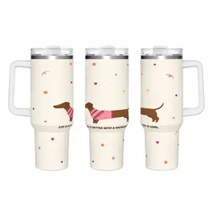 40oz Stainless Steel Insulated Portable Water Bottle Tumbler - Leakproof Double-Wall Hot/Cold Cup with Handle, Straw, Cream Base, Sweater-Wearing Wiener Dog Print, Heart-Star Confetti, "Life Is Better With A Dachshund" Quote for Pet Owners Daily Hydration