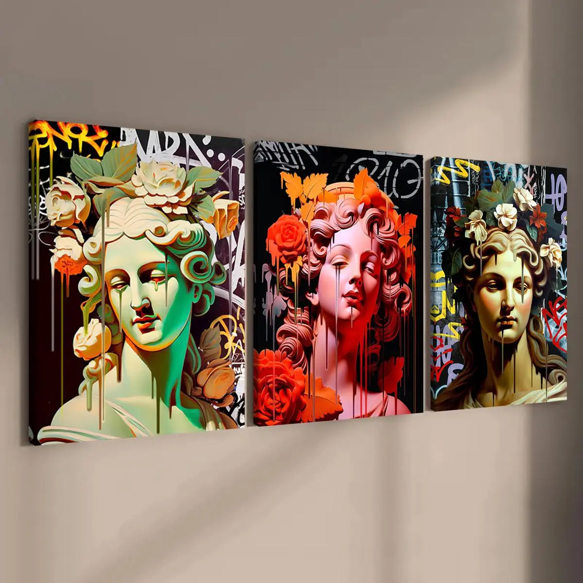 Graffiti Pattern Canvas Painting, 3 Counts/set Modern Floral Paintings Modern Art Fashion Decoration, Wall Art for Home Living Room Bedroom Office, Ornaments, Art Work For Wall Decor, Decorative Artwork, Artistic Indoor Decoration
