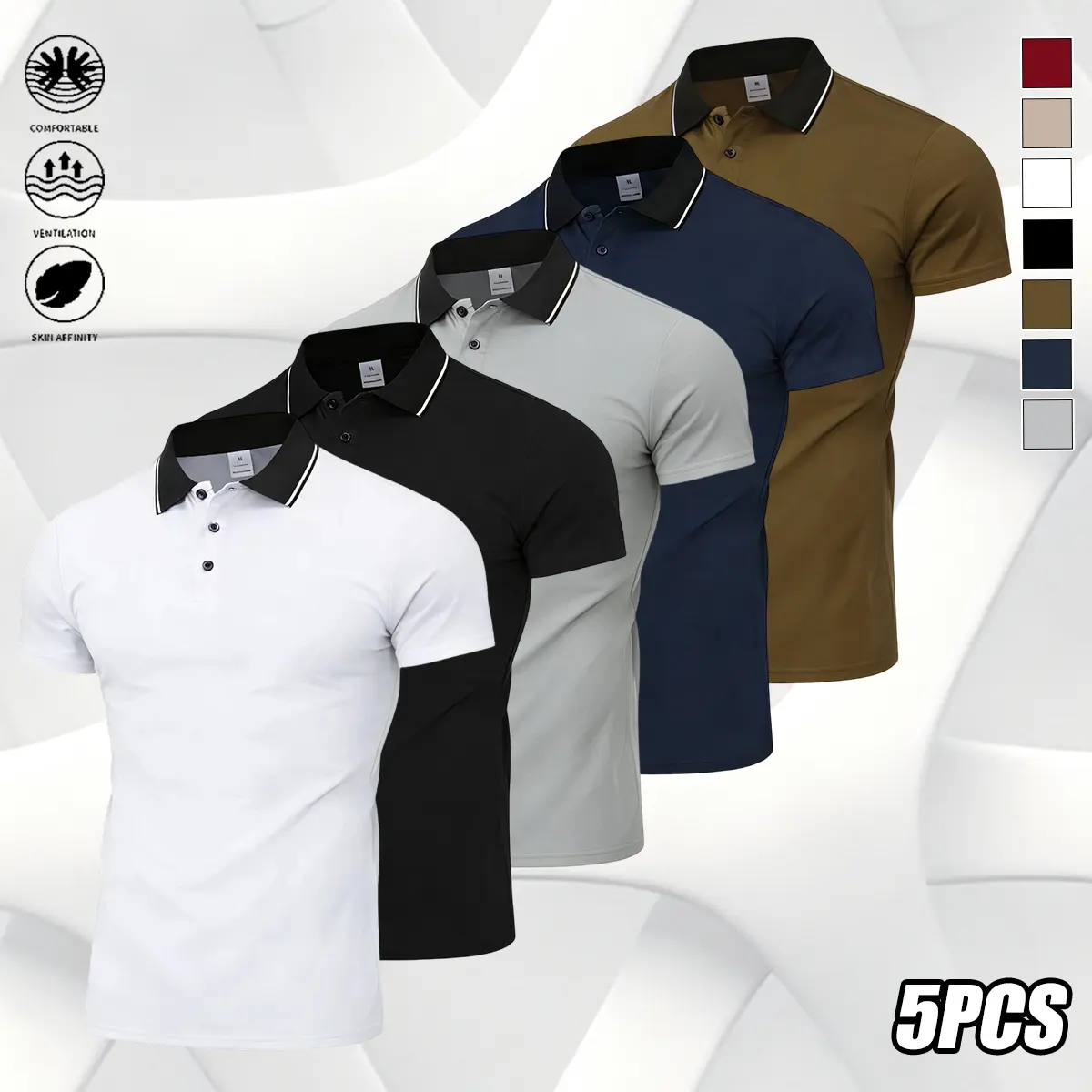 Men's 5-Pack Solid Color Polo Shirts, Short Sleeve Polyester Business Casual Tops, Button Front Golf Wear for Summer