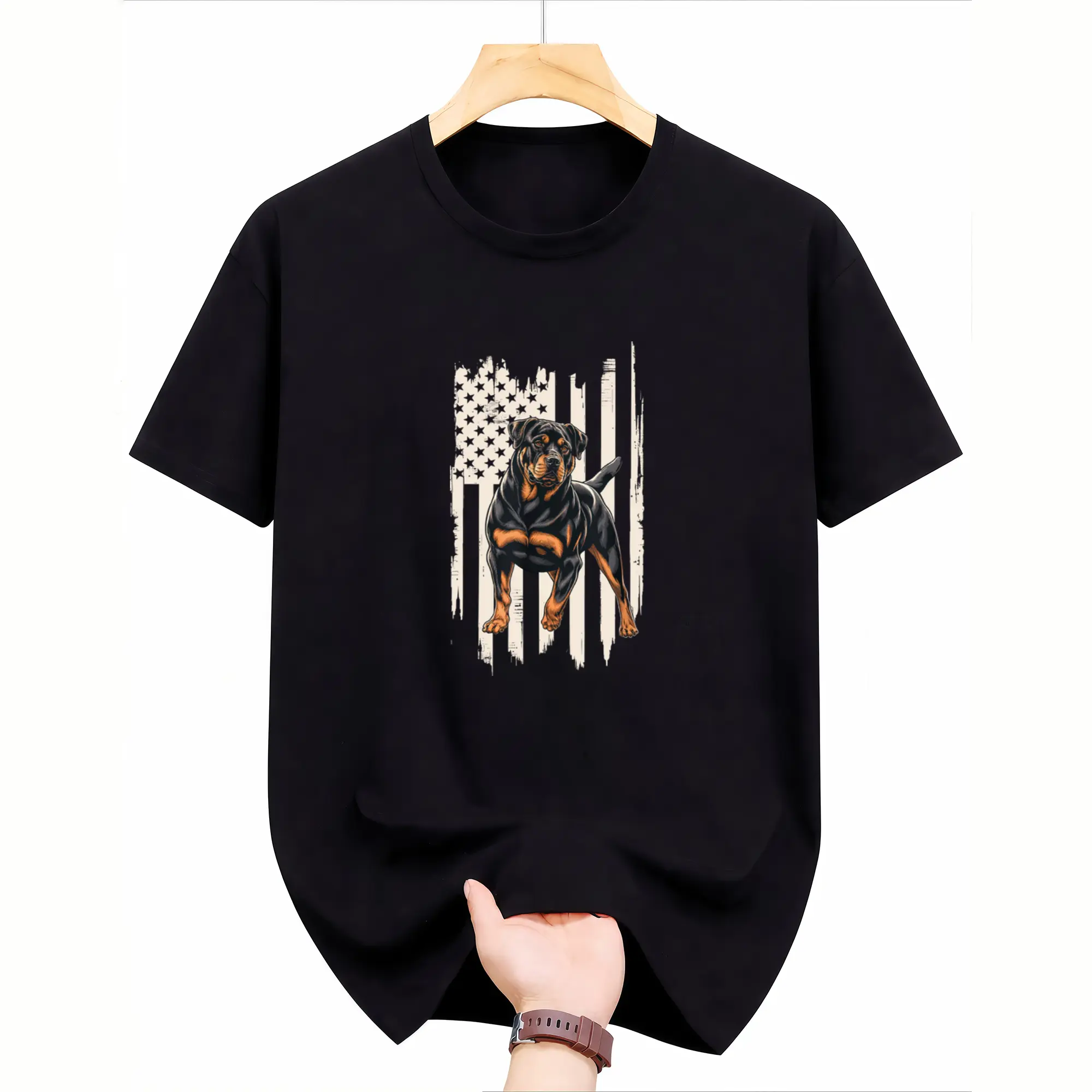 Men's Retro American Flag Rottweiler T-Shirt - Vintage Rottie Graphic Tee with Flag Design, Machine Washable Casual Round Neck Shirt Suitable for Dog Lovers & Patriotic Apparel, Gift for Rottweiler Owners