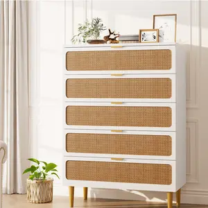OP-Modern Natural Wood Rattan Dresser w/ 5 Deep Drawers, MDF Storage Cabinet,Anti-tipping device,Space saving for bedroom,living room,entryway,Multiple styles