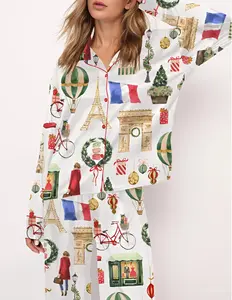 Christmas Paris Satin Pajama Set For Women Print Comfy Satin Sleepwear & Loungewear Pjs Short Sleeve Top & Bottoms Shorts Without Pockets
