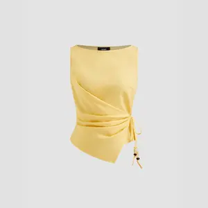 Cider Linen-blend Beaded Knotted Ruched Tank Top