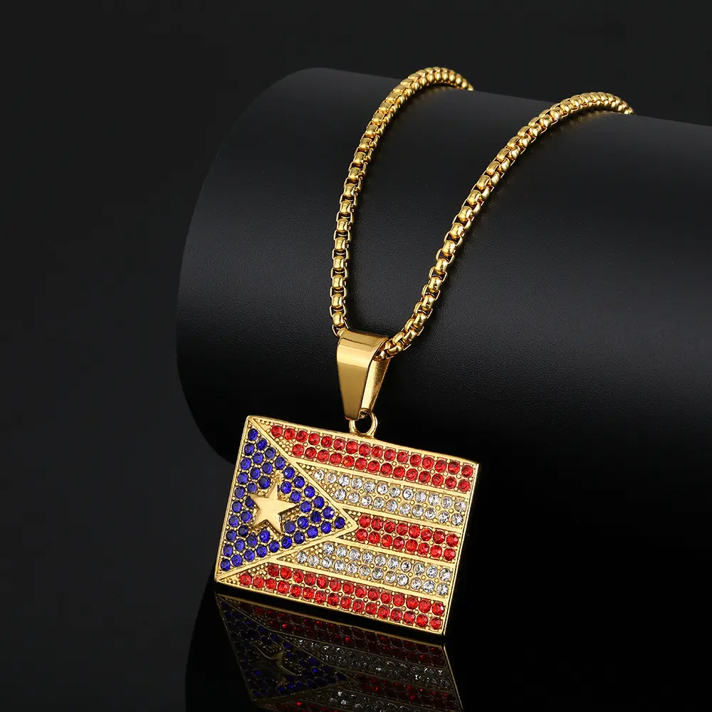 1PC Puerto Rico Flag Necklace – Diamond-Studded Puerto Rican Flag Pendant, Titanium Steel, 60cm Chain Boricua Pride Jewelry