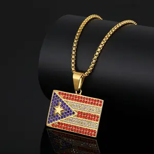 1PC Puerto Rico Flag Necklace – Diamond-Studded Puerto Rican Flag Pendant, Titanium Steel, 60cm Chain Boricua Pride Jewelry