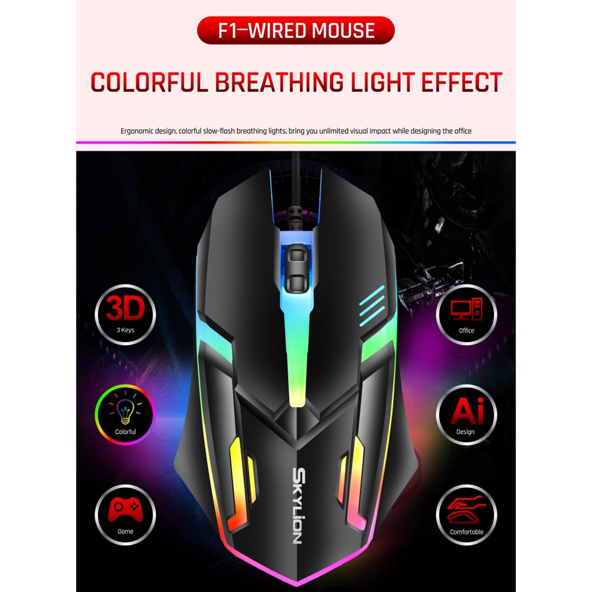 F1 Wired 3 Keys Mouse Colorful Lighting Gaming and Office for Microsoft Windows and Apple IOS System