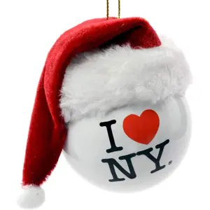 Kurt Adler Plastic Ornament for Christmas Tree, I Love NY Ball with Fabric Santa Hat, 3.5"