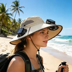 Father's Day Gifts Solar outdoor fishing hat with 3 fans, wide brim for summer sun protection, bucket hat style, quick-drying, rechargeable,  cool and breathable, high airflow, long battery life | Sweat-Wicking Cool Hat for All Outdoor Sports & Adventures