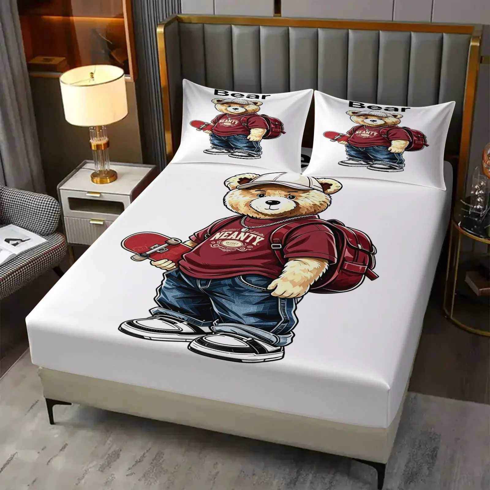 Skateboard teddy bear printed bedsheet, including 1 bedsheet and 2 pillowcases, anti slip dust cover suitable for bedrooms and guest rooms, suitable for personal use or gift giving