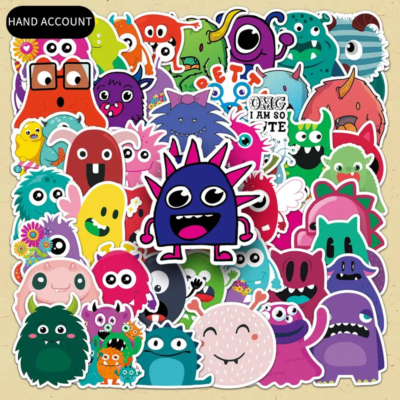 Cartoon Monster Pattern Sticker, 50pcs/set Cute Cartoon Monster Decorative Sticker, DIY Decals for Scrapbooking, Journaling, Gift Wrapping, DIY Crafts Stickers