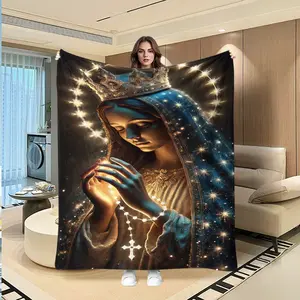 Dreamy Starry Madonna Crown Beaded Print Flannel Blanket, Sacred Atmosphere Home Sofa Nap Cover, Bedroom Decoration Warm Blanket