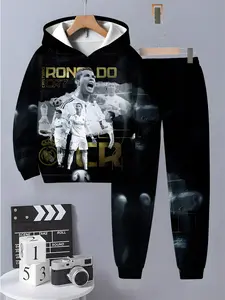 Boys' 3D Printed Athletic Sports Set, Casual Long Sleeve Hoodie & Pants 2-Piece, Perfect for Outdoor Activities