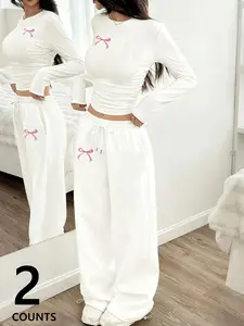 Women's Casual Long Sleeve Graphic Sweatshirt Top Set, Fitted Natural Waist Pants, Comfortable All Season, Vintage Street Style