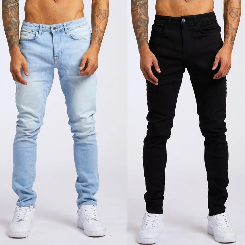 Men's Black Slim Fit Jeans - Stylish High-Waisted Skinny Pants, European & American Style Casual Menswear, American Style Men's Jeans, Plain, Ankle Length Men's Jeans