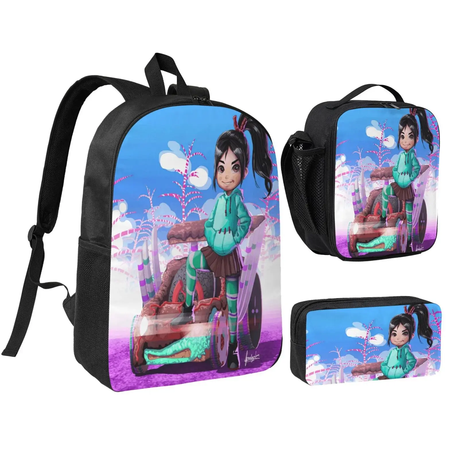 Vanellope von Schweetz princess Three piece backpack set young backpack combination backpack lunch bag pencil case