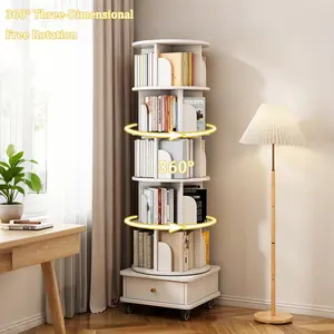[SOIYELIFE] 6 Tier Rotating Bookshelf, 360° Display Round Spinning Bookshelf with Wheels and Drawer, Space-Saving, Small Space Rotating Bookshelf Tower for Bedroom, Living Room,, Office, Warm White   Fine furniture