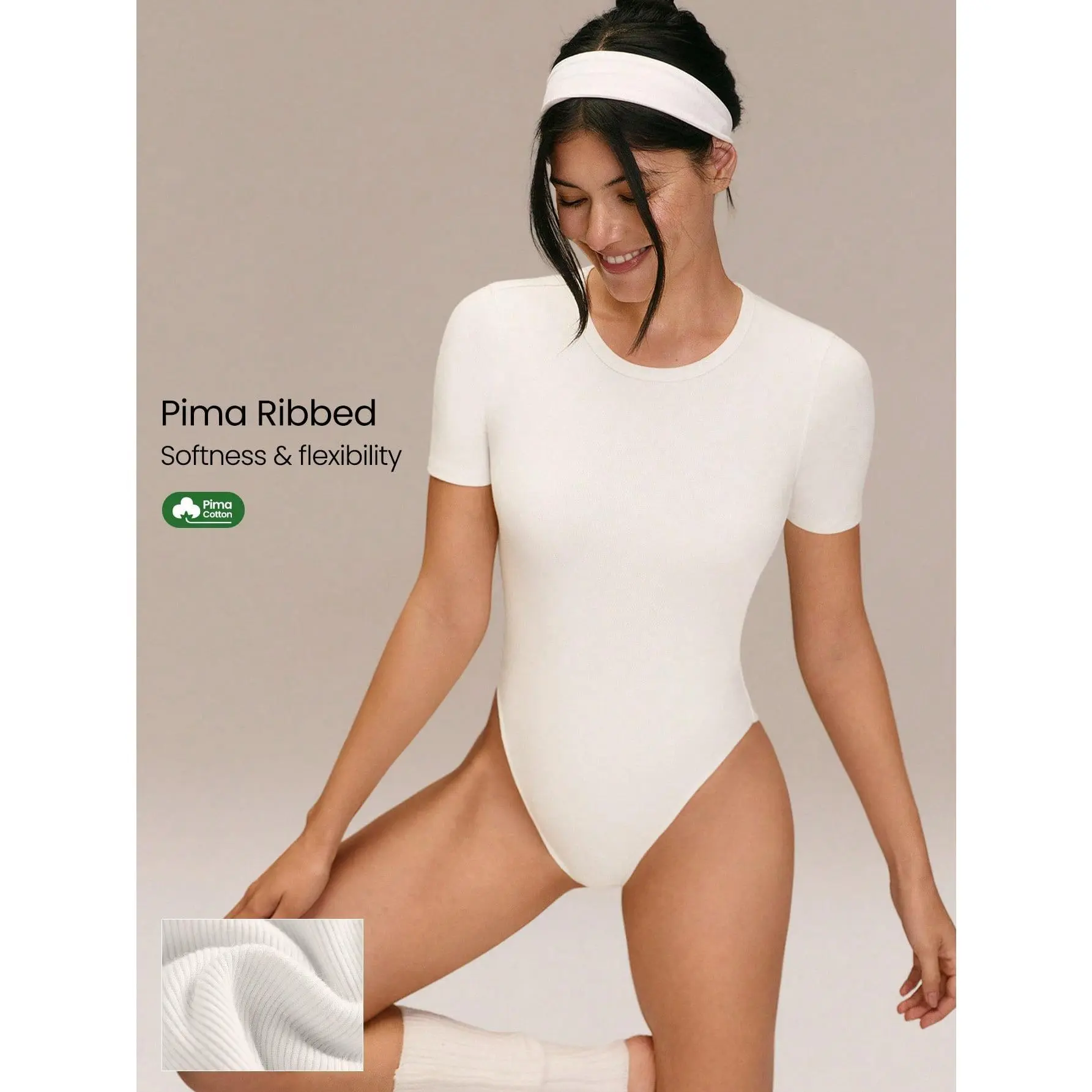 GLOWMODE Ribbed Pima Cotton Ready To Flow Ultra-Soft Breathable Lightweight Stretchy Snap Closure Non-Padded Short-Sleeve Crewneck Thong Bodysuit Yoga Pilates Studio Daily Casual Wear