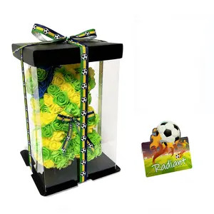 3pcs Brazilian Rose Teddy Bear, Handmade Transparent Box Flowers, Ideal Gift for Graduation and Football Lovers, Includes Gift Box and Card