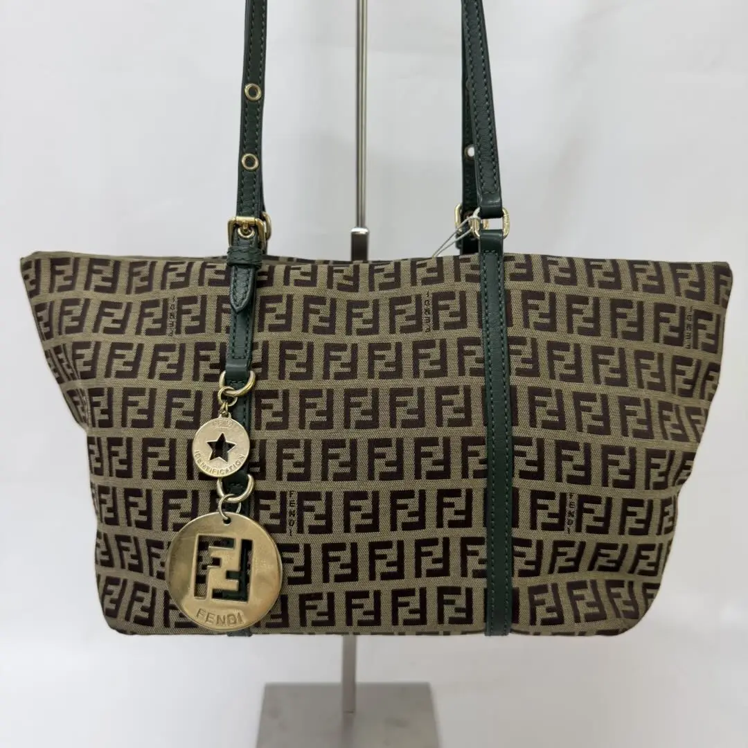 Pre-owned FENDI Zucca FF Monogram Tote Bag with Green Leather Handles