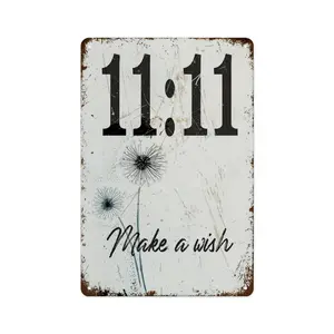 "11:11 Make a Wish" Vintage Rustic Metal Tin Sign. Distressed Design with Dandelion, Suitable for home, room, Office, cafe, bar. Durable Indoor/Outdoor Sign, Cozy Wish & Fortune Home Decor. easy hang wall art Wooden Home Sign Yard Sign