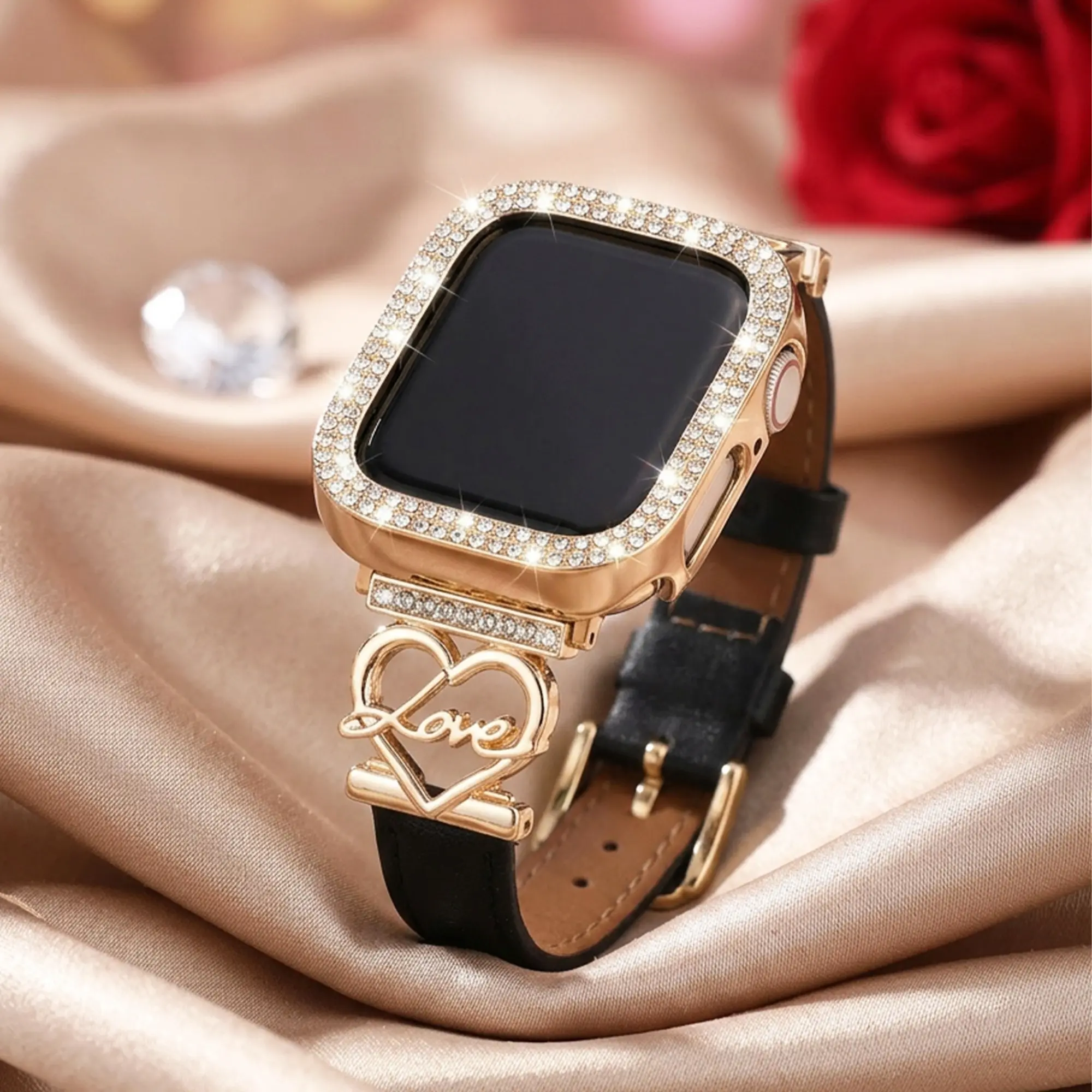 2-In-1 Leather Watch Band and Case Set, Smartwatch Accessories, Compatible with Apple Watch 40mm-49mm Series, Ultra/11/10/9/8/7/6/5/4/SE, Featuring Heart-Shaped 'Love' Engraved Metal Decor Band and Rhinestone Encrusted Shock-Proof PC Case