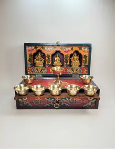 Buddhist Mini Alter Set - Handmade Wood with Gold Plated Statues, Brass Offering Bowl, Himalayan Incense, Expandable Table Tray, 10.5L x 5W x 5H Inches