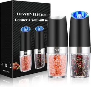 XinXu Gravity Electric Pepper and Salt Grinder Set, Adjustable Coarseness, Battery Powered with LED Light, One Hand Automatic Operation, Black -2 Pack Ceramic Seasoning Transparent Kitchen Smooth Utensils