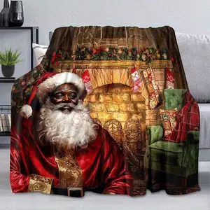 Black Santa Claus Blanket, African American Blanket, Winter Christmas Holiday Merry Christmas Blanket, Comfortable Warm Lightweight Soft Plush Flannel Sofa Blanket