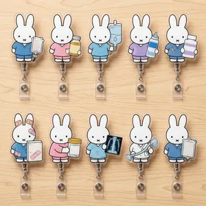 Cute Nurse Bunny Badge Reel | Kawaii Medical Scrubs Rabbit Retractable ID Card Badge Holder | Aesthetic Doctor Nursing Student Work Card Clip