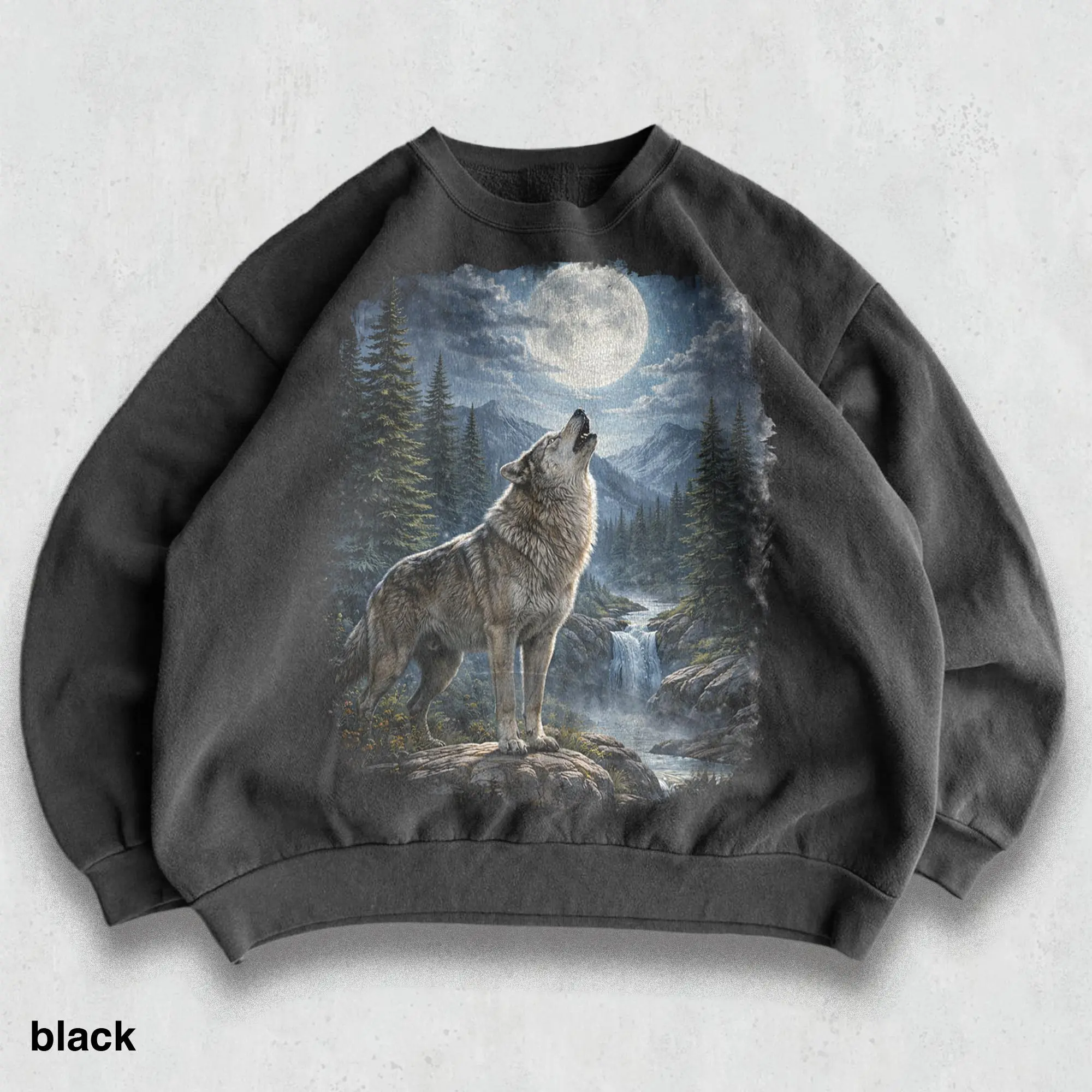 Retro Wolf Moon Sweatshirt, 90s Vintage Mountain Wilderness Crewneck, Mystic Night Waterfall Scene, Nature Lover Gift