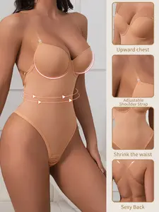 Women's Backless Smooth Shapewear Set, Invisible Bra U-Shaped Thong Bodysuit, Sexy Deep V Push-Up Chest Support, Adjustable Transparent Straps, Underwear
