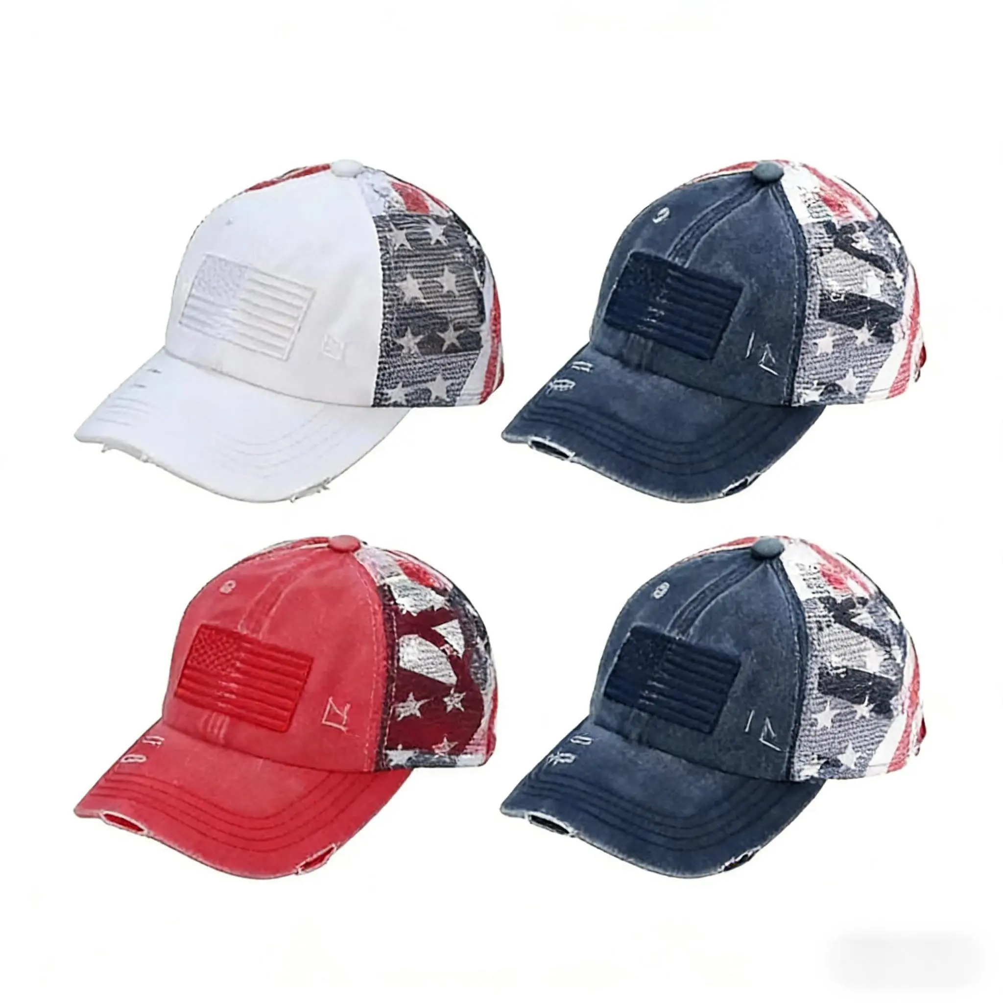 Female Adjustable Fit Hat - Women's Casual Baseball Trucker Cap, Distressed 250th Anniversary American Flag, Brushed Cotton, Criss-Cross Ponytail Back, Secure Elastic Snapback, Outdoor Everyday Use, Fits Most Head Sizes