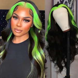 Aodbar hairs  Black and Green Color Long Body Wavy Lace Front Synthetic HD Transparent Lace Wig Glueless Skunk Stripe Wig Heat Resistant Fiber Hair Free Part Wig for Women Shego Wig for Daily Use, Cosplay Or Party