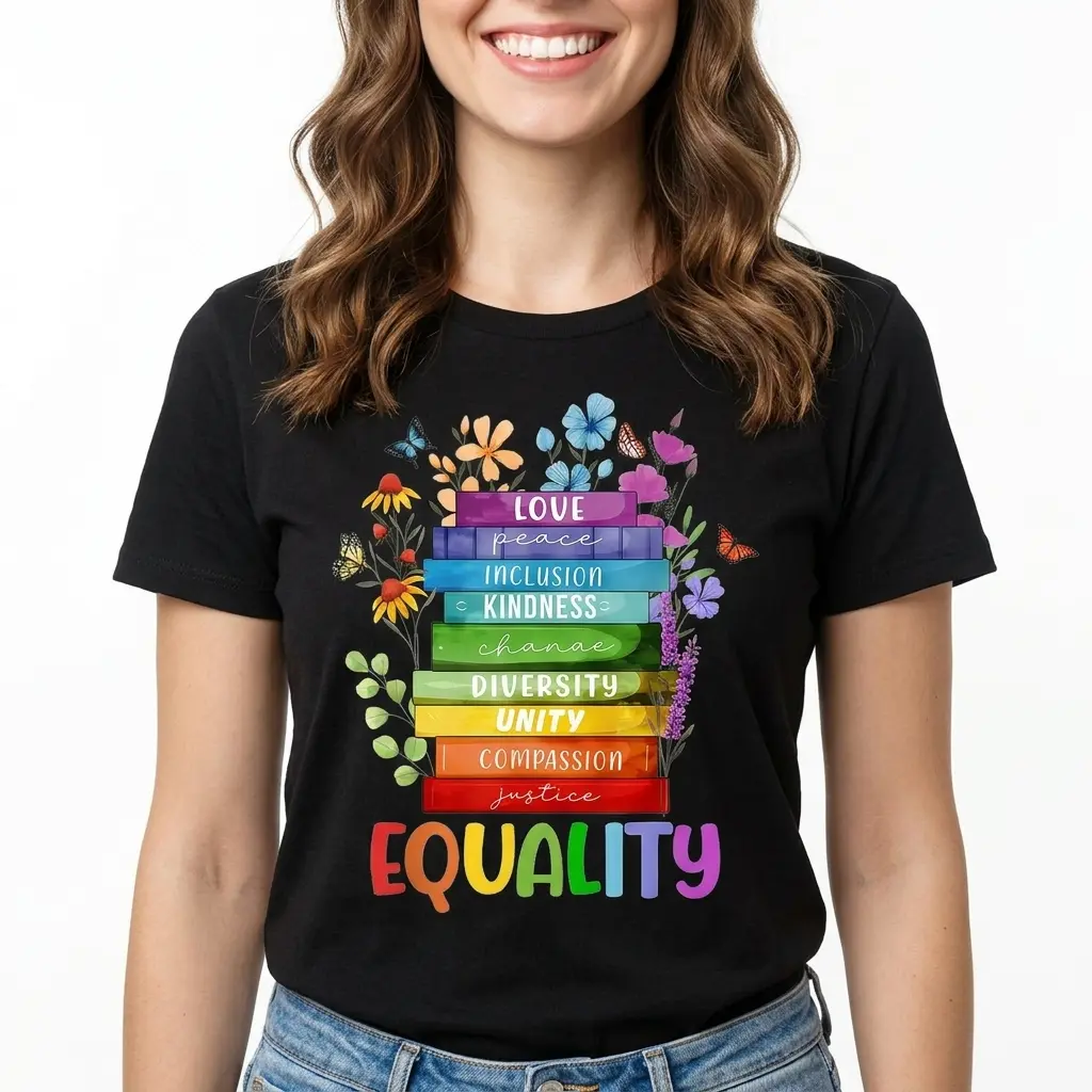 Equality Rainbow Tee Pure Cotton Black Oversized Soft Non-fading Women Pride Parade