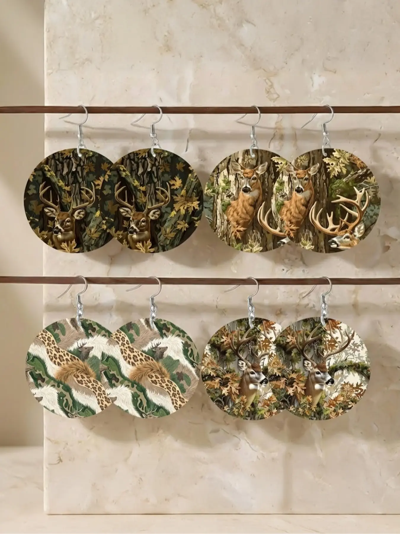 Women's Fashion Round Pendant Earrings Set, Vintage Western Forest Camo Deer Head Animal Print Wood Earrings, Daily Vacation Wear, Unique Holiday Gift
