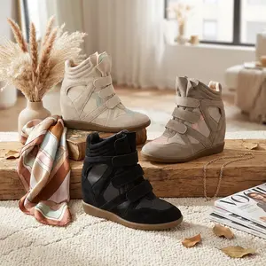Women's Hidden Wedge Sneakers High Top Casual Shoes - Comfy Height Increasing Suede Ankle Boots with Velcro Straps & Gift Box