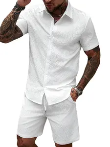 Men's Trendy Plaid Matching Set, Casual Summer Short Sleeve Shirt & Shorts, Fitted Texture Knitwear, Fashionable Men's Clothing