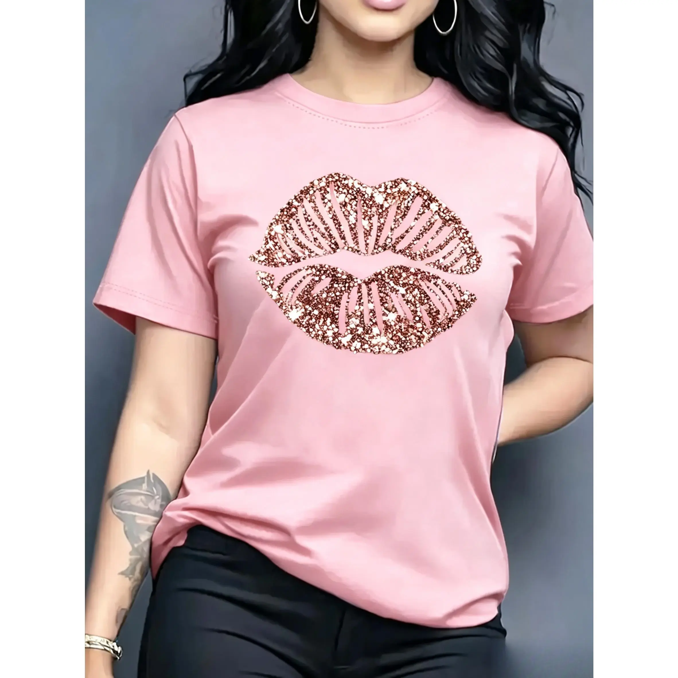 Women's Cotton Short-Sleeve Oversized Basic Fit Graphic T-Shirt - Sparkly Rose Gold Lips Print, Red Glitter Kiss Mark Print, Sexy Casual Streetwear Top, Shortsleeve, Tshirt, Smooth, Fabric, Printed