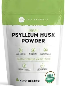 Kate Naturals Psyllium Husk Powder for Fiber, Digestion & Baking Bread. Mixes Easily with Juice & Smoothies (12oz, Organic, Gluten Free, Fine Ground)