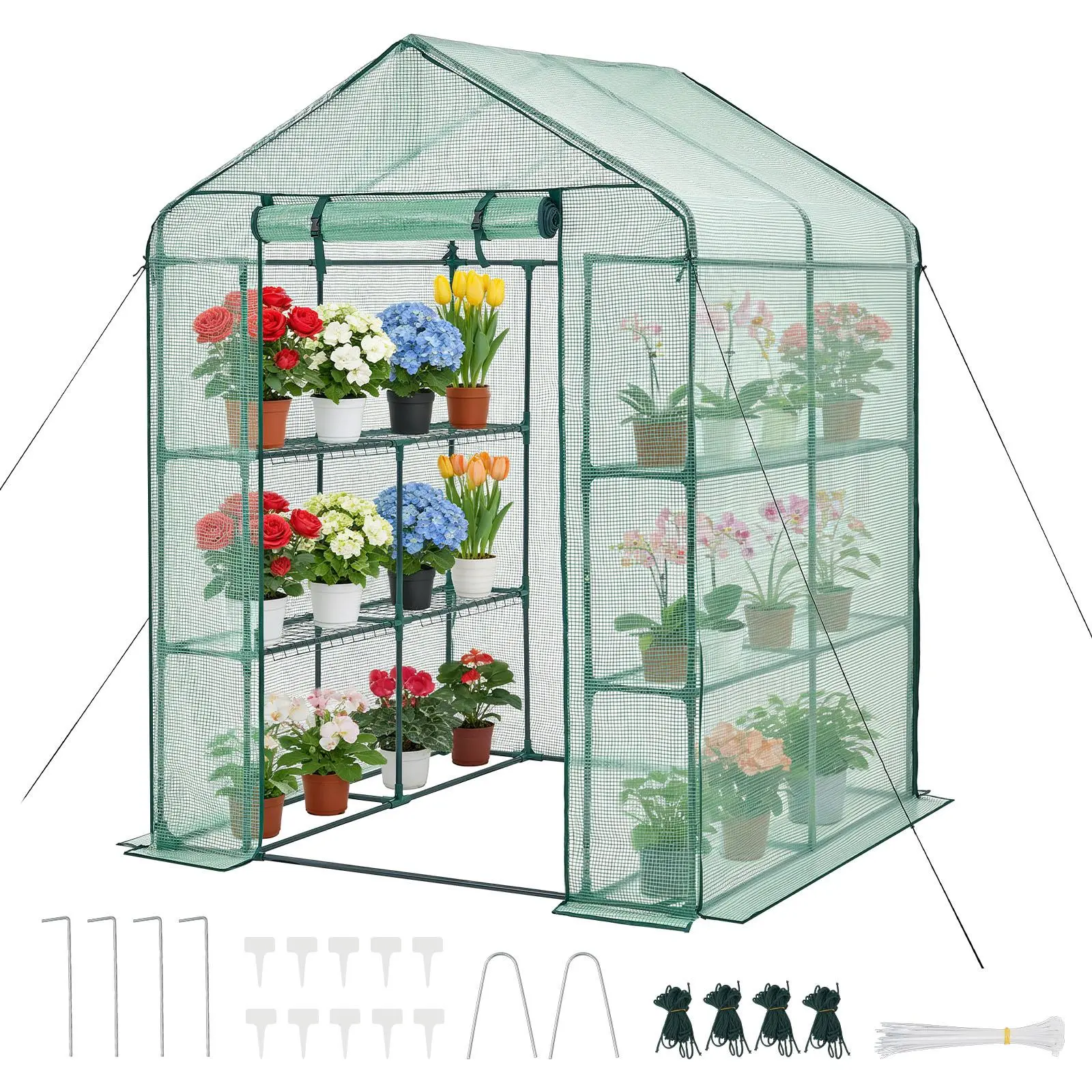 【SummerFinds】VEVOR Walk-in Greenhouse, 55.5" x 56.1" x 78.7" Greenhouse for Outdoors with PE Cover, 2 Tiers 8 Shelves, Roll-Up Zipper Door, Walk in Green House, Portable Plant Garden Hot House for Backyard Outside