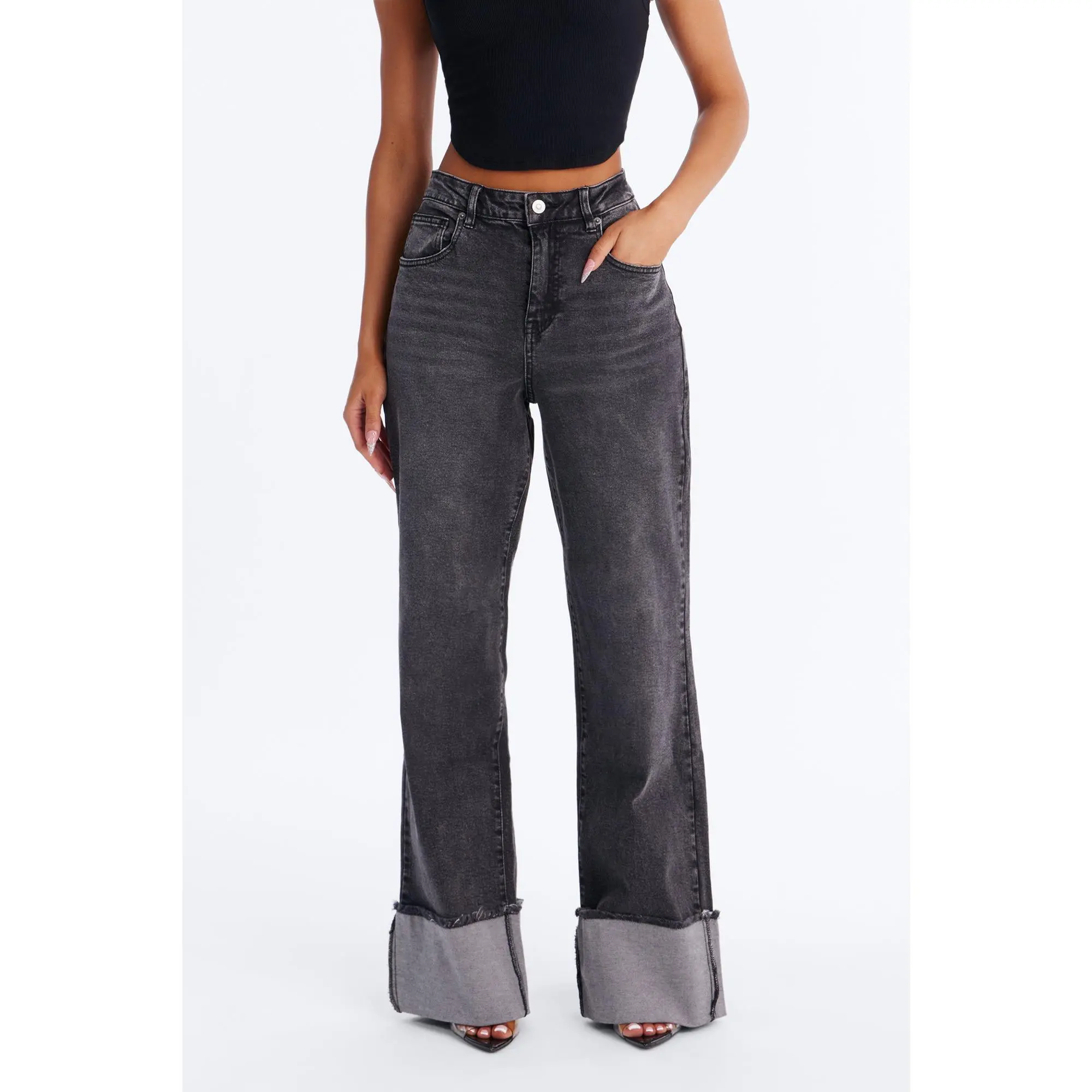 All The While Cuffed Wide Leg Jeans - Black Wash