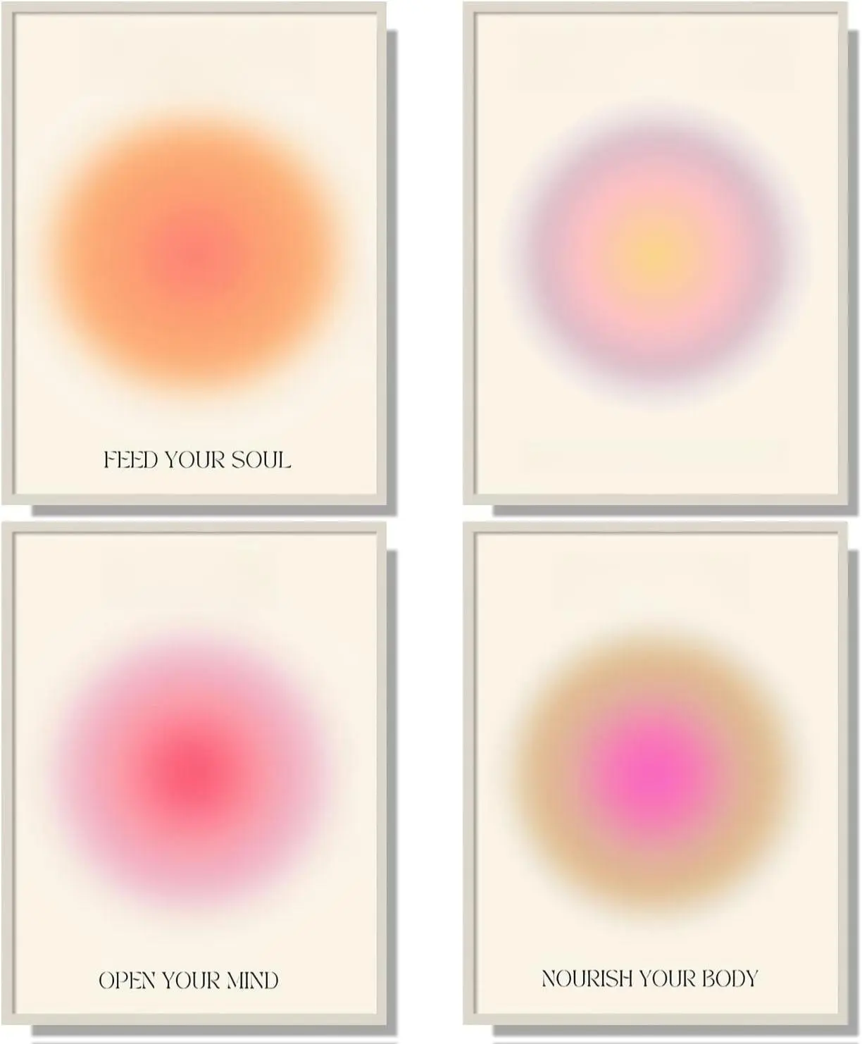 4-Pack Colorful Abstract Halo Heart Frameless Wall Art Posters Set with Angel Numbers, Positive Language, 8x10 Bedroom Decoration for Teenage Girls, Women’s Gifts