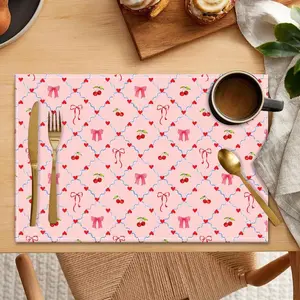 Cherry Bow Pattern Placemat, Rectangular Table Mat, Decorative Placemat for Home Kitchen Dining Room, Party Decoration, Gift Idea
