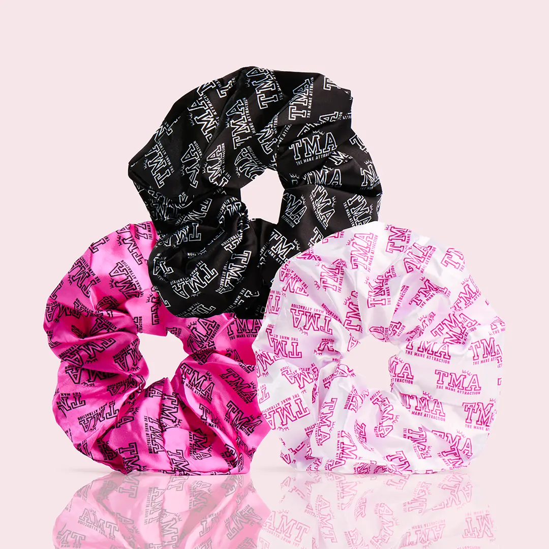 Satin Elastic Band Graphic Logo Scrunchies 3-Pack (Pink & Black) - Elastic Hair Ties Ponytail Holders, Lowfriction Wrap, Small Size, Smooth Satin Feels Luxe, Gentle Hold for Curly Hair, Daily Fashionable for Ponytail Fixes
