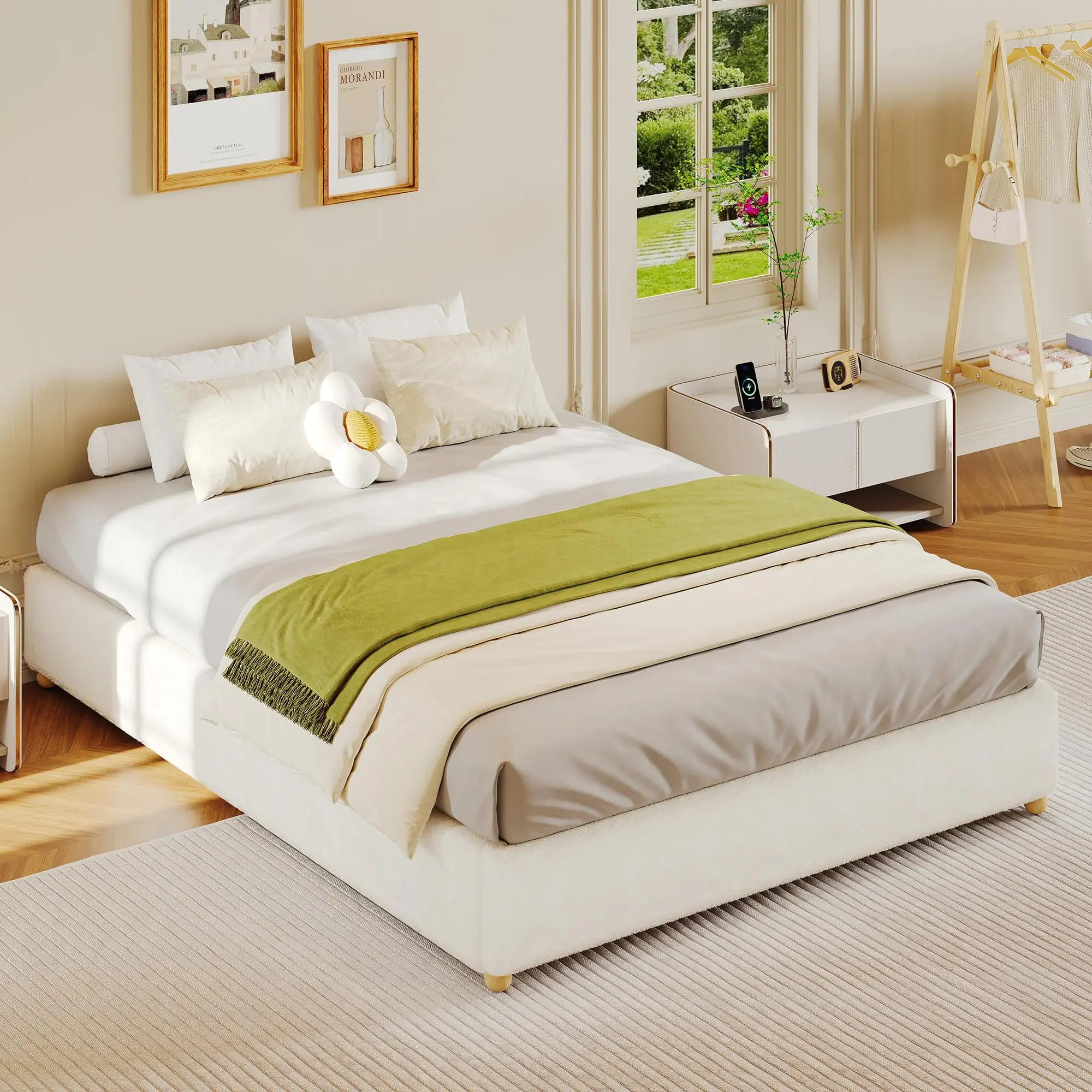 Garvee Full Size Cloud Bed FrameTeddy Fleece Low Bed Frame Without Headboard, Thick Boucle Fabric Upholstered Platform Bed, Solid Wood Legs, No Box Spring Needed, Never Squeak, Easy Assembly, Cream