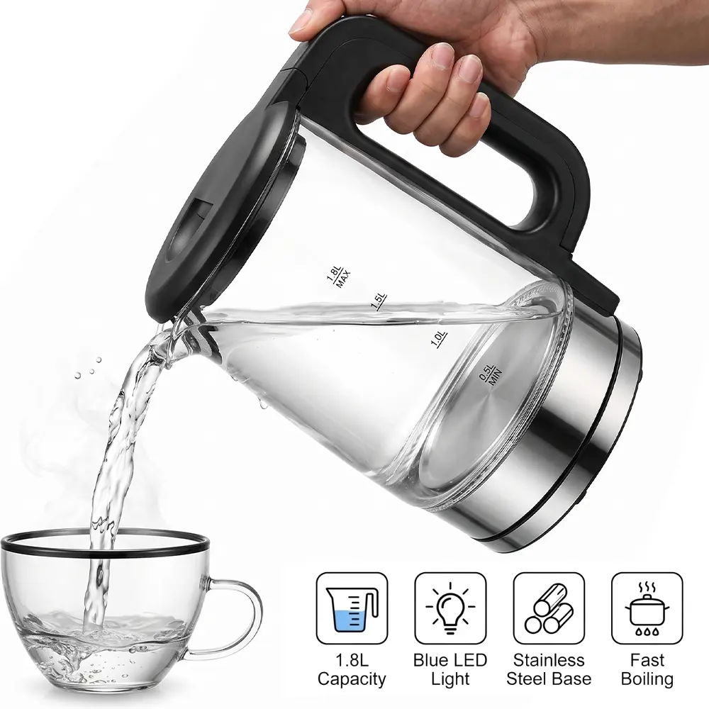 Electric Hot Water Kettle - 1.8L/61 fl oz Tempered Glass-Steel 110V Kitchen Appliance, Wide Mouth, Blue LED Light, Auto Shut-Off, Boil Dry Protection, for Family Household Use